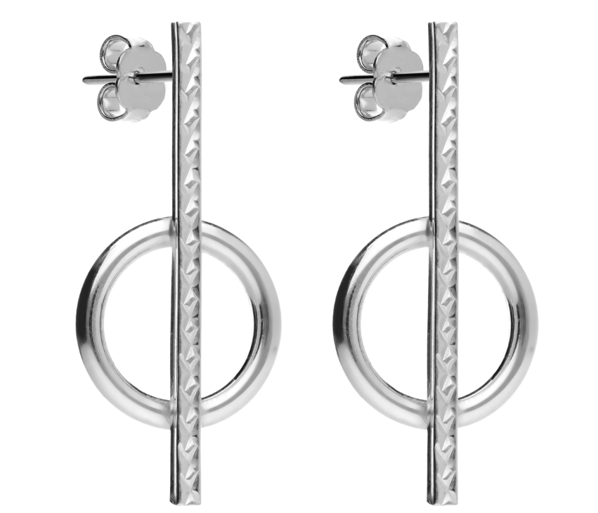 Pendientes de Plata de Ley – Diseño Geométrico Circular y Barra Texturizada