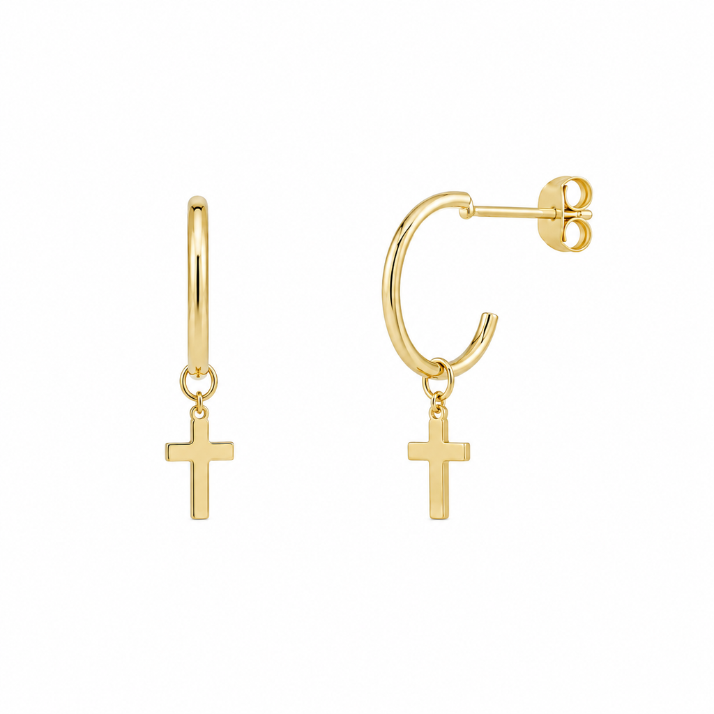 Pendientes Aro con cruz de oro 18 quilates