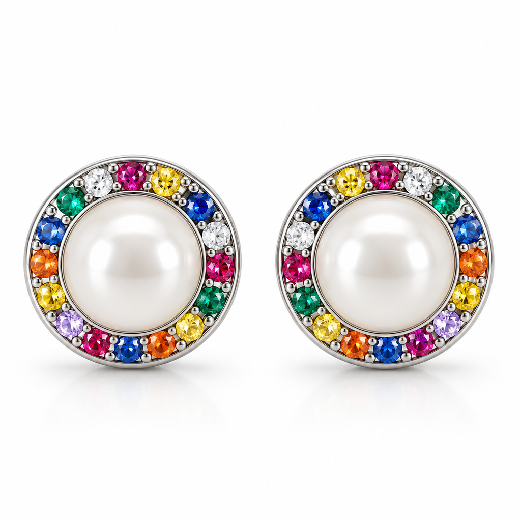 Pendientes de Plata 925 con Perla y Circonitas Multicolor