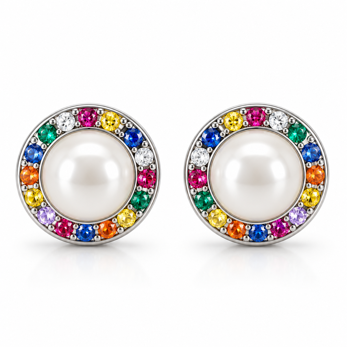 Pendientes de Plata 925 con Perla y Circonitas Multicolor