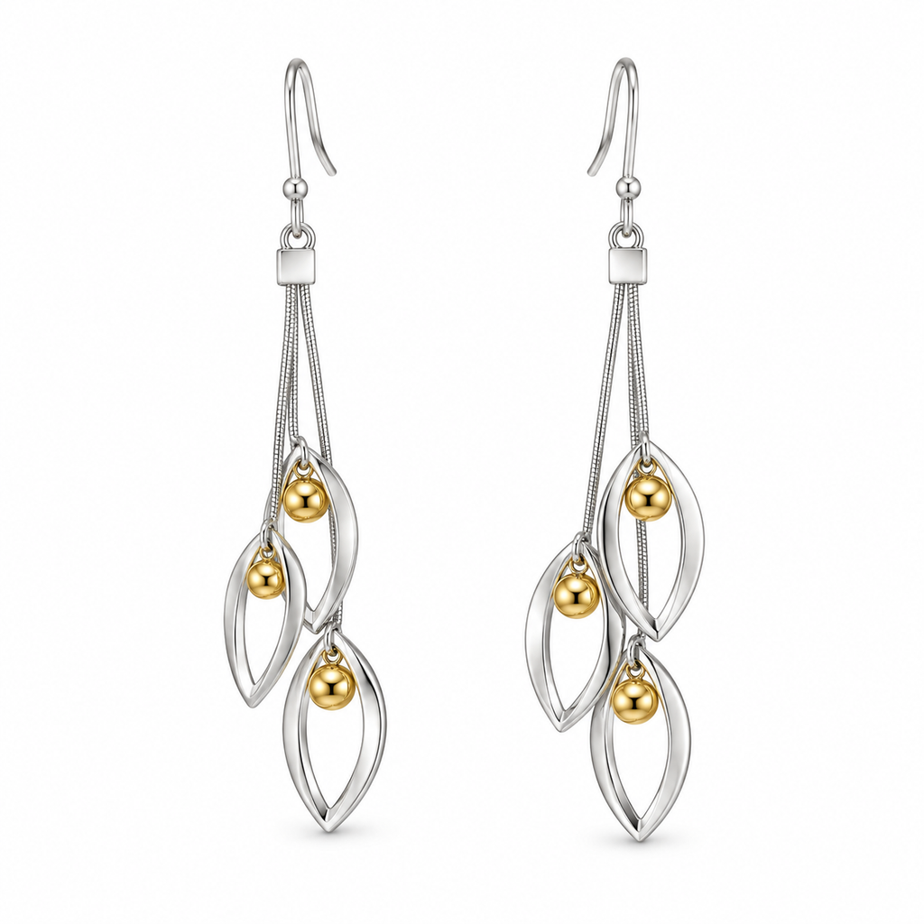 Pendientes Largos de Acero Inoxidable Bicolor Dorado y Plateado