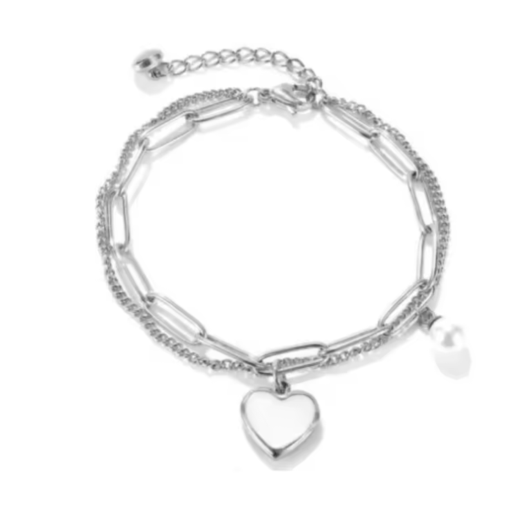 Pulsera doble cadena corazón y perla Acero