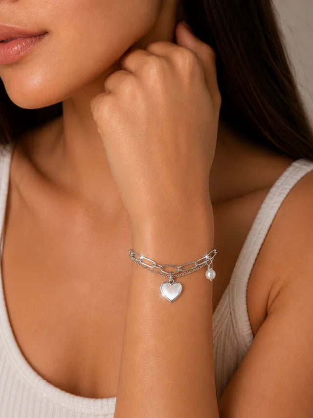 Pulsera doble cadena corazón y perla Acero