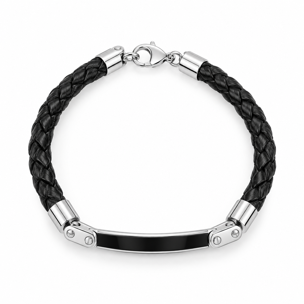 Pulsera de Hombre de Acero Inoxidable y Cuero Trenzado Negro