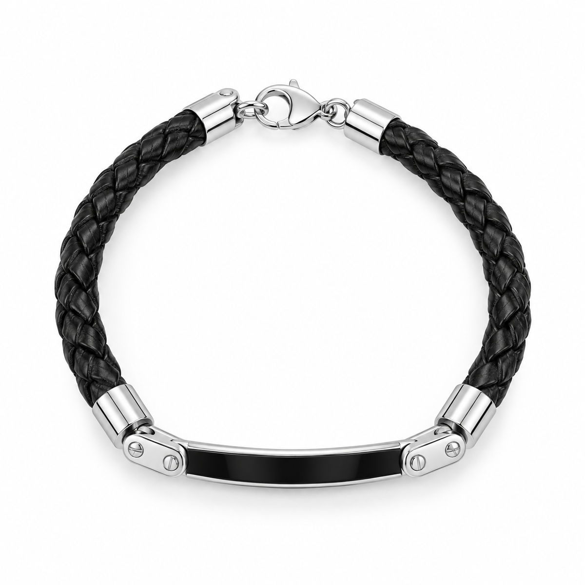 Pulsera de Hombre de Acero Inoxidable y Cuero Trenzado Negro