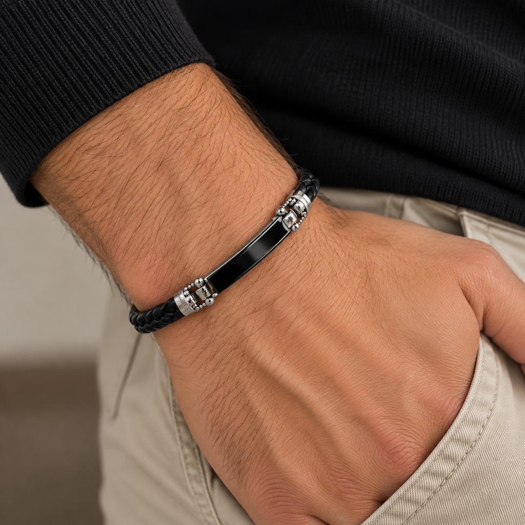 Pulsera de Hombre de Acero Inoxidable y Cuero Trenzado Negro