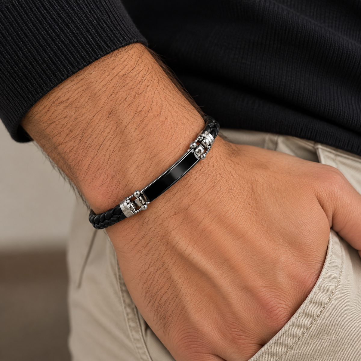 Pulsera de Hombre de Acero Inoxidable y Cuero Trenzado Negro