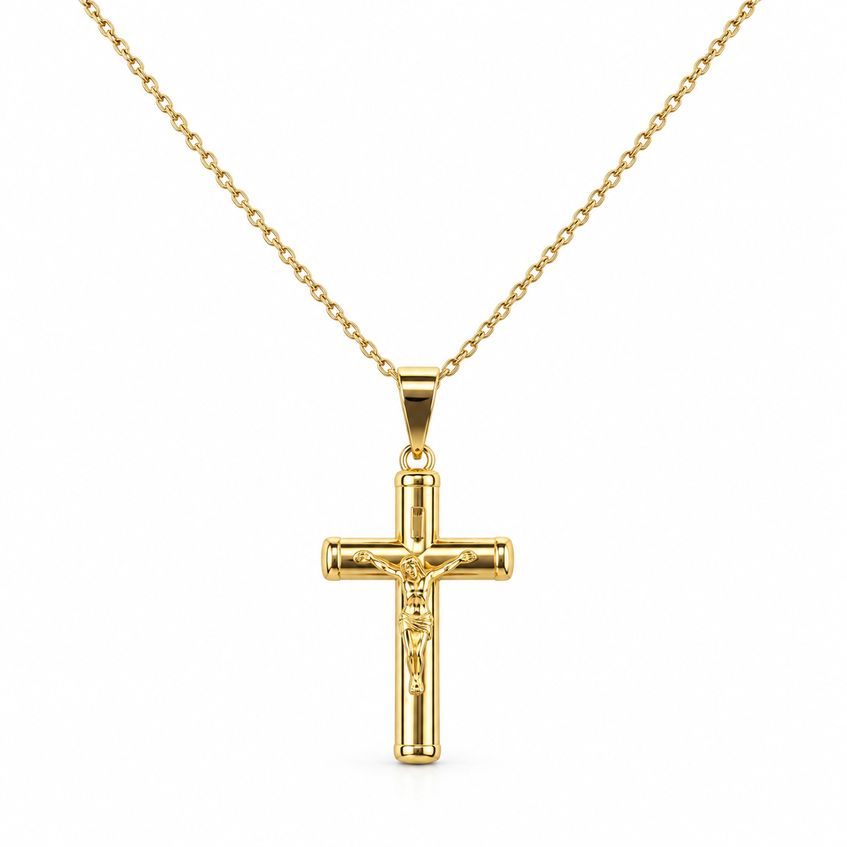 Cruz de Oro de 18 Quilates con Cristo y Tubo Ovalado – 31 mm