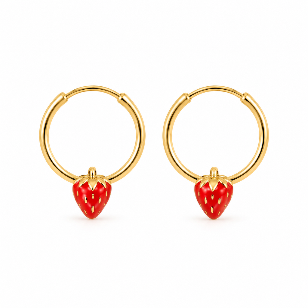 Pendientes de Oro de 9 Quilates con Fresa Roja 14 mm