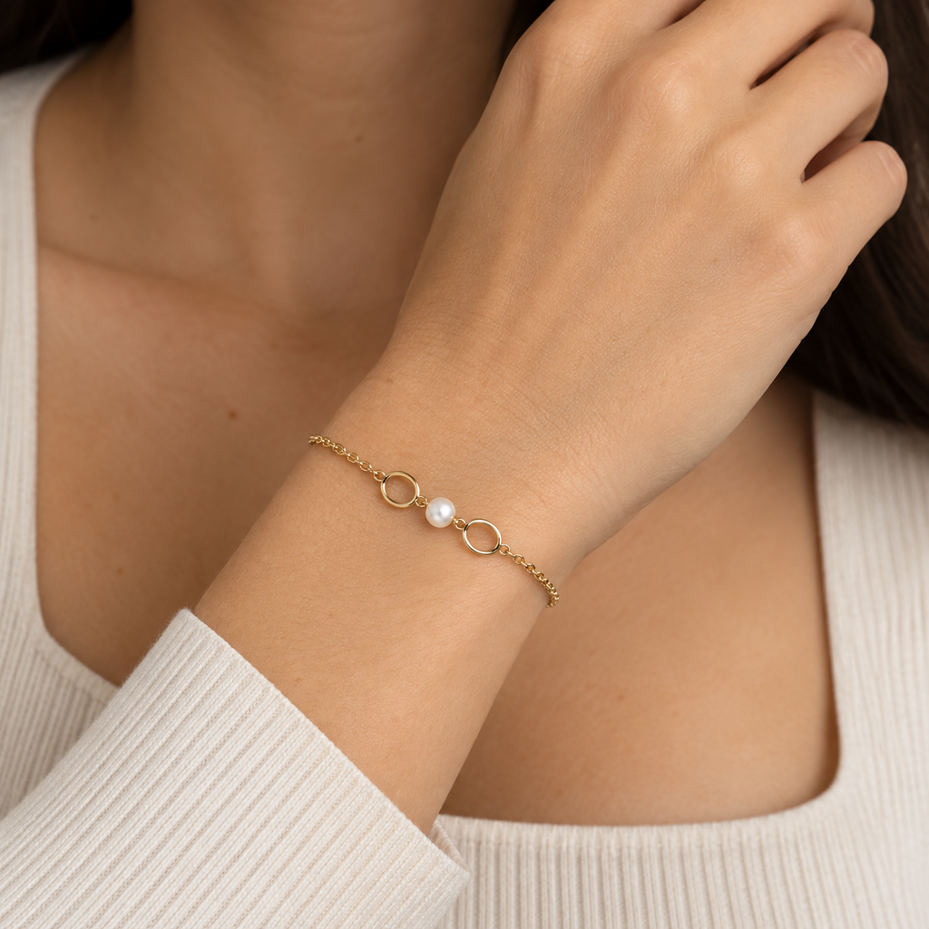 Pulsera de Oro 9 Quilates con Perla y Círculos
